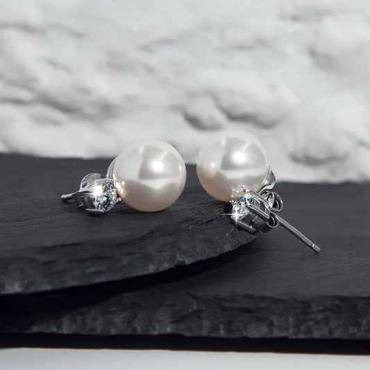 Pearla | 8mm Freshwater Pearls | Moissanite Stone Accent | Rhodium Plated 925 Silver | Pearl Earrings