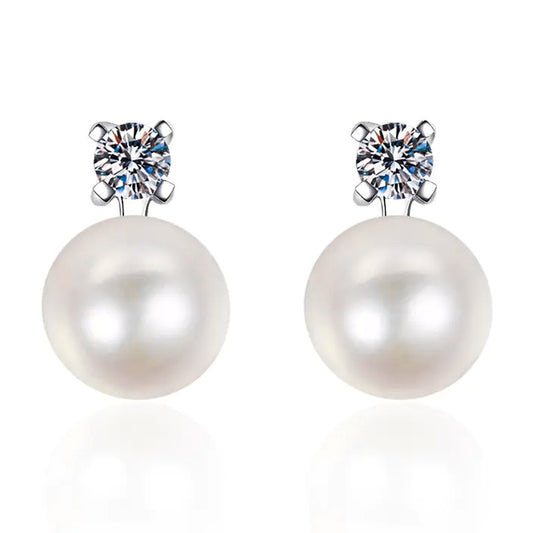 Pearla | 8mm Freshwater Pearls | Moissanite Stone Accent | Rhodium Plated 925 Silver | Pearl Earrings