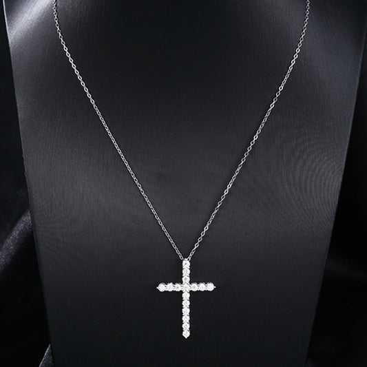 Large Cross | 1.6 CTW | VVS | Rhodium Plated 925 Silver | Round Shaped Moissanite Pendant