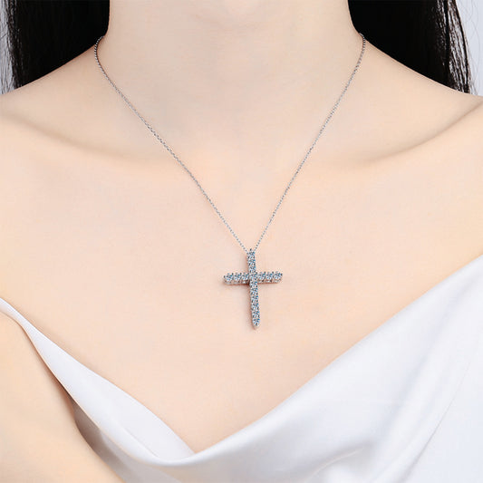 Large Cross | 1.6 CTW | VVS | Rhodium Plated 925 Silver | Round Shaped Moissanite Pendant