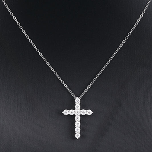 Small Cross | 1.1 CTW | VVS | Rhodium Plated 925 Silver | Round Shaped Moissanite Pendant